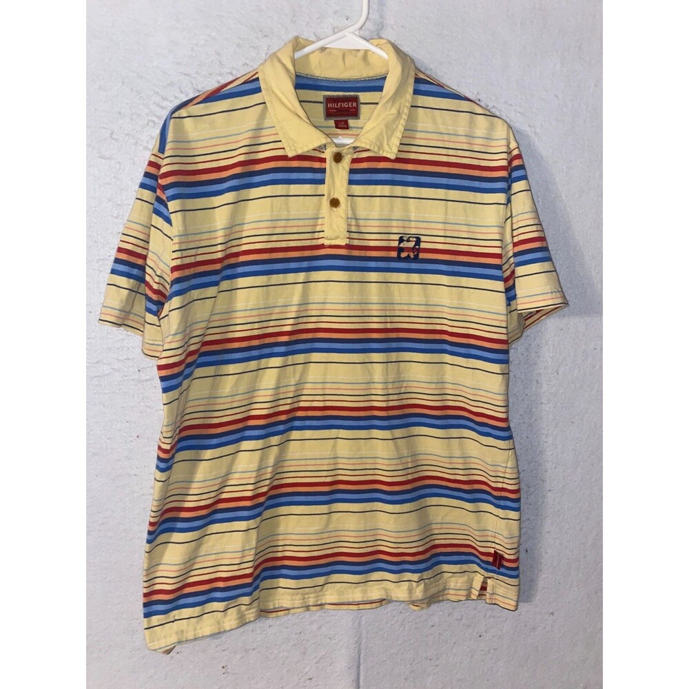 Vintage Y2K Tommy Hilfiger Red Label Striped Polo Shirt Large yellow